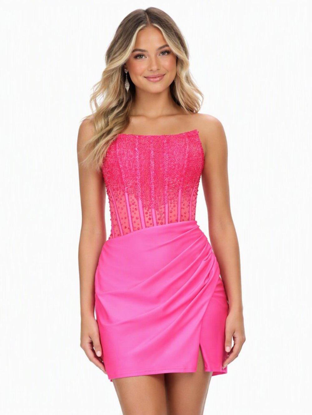 Ashely Lauren 4686 Strapless Hot Pink Beaded Mini Dress